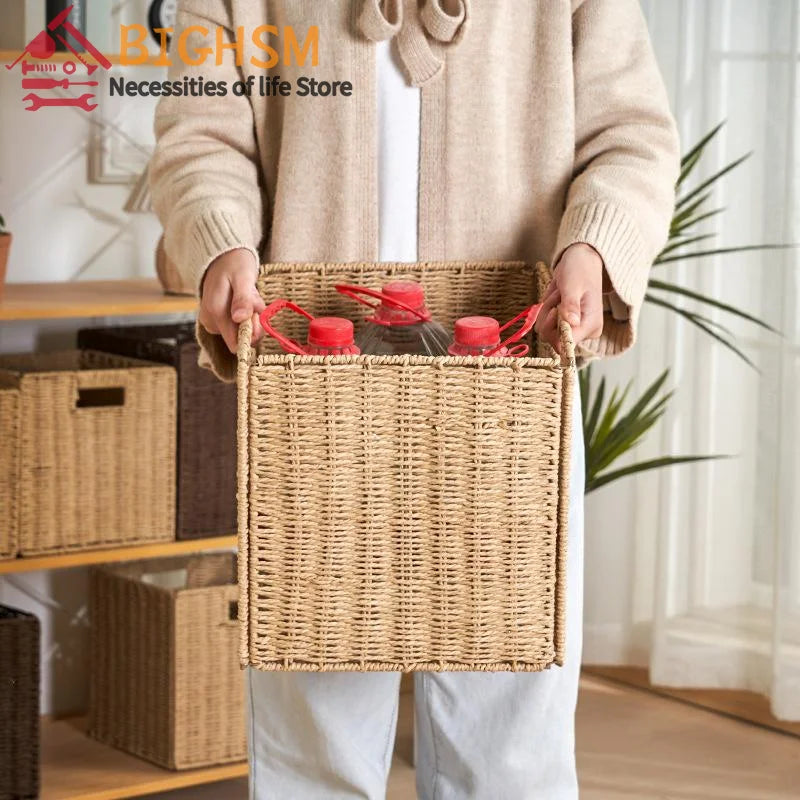 Storage Box Imitation Rattan Woven Lattice Cabinet Storage Basket Desktop Sundries Snacks Clothes Toys Woven Storage Basket